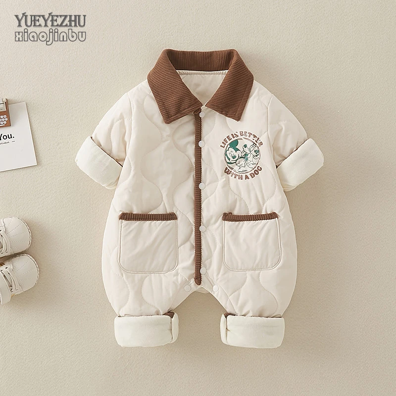 深秋婴儿衣服薄棉男宝宝连体衣秋冬加棉幼儿初冬韩版洋气外出爬服