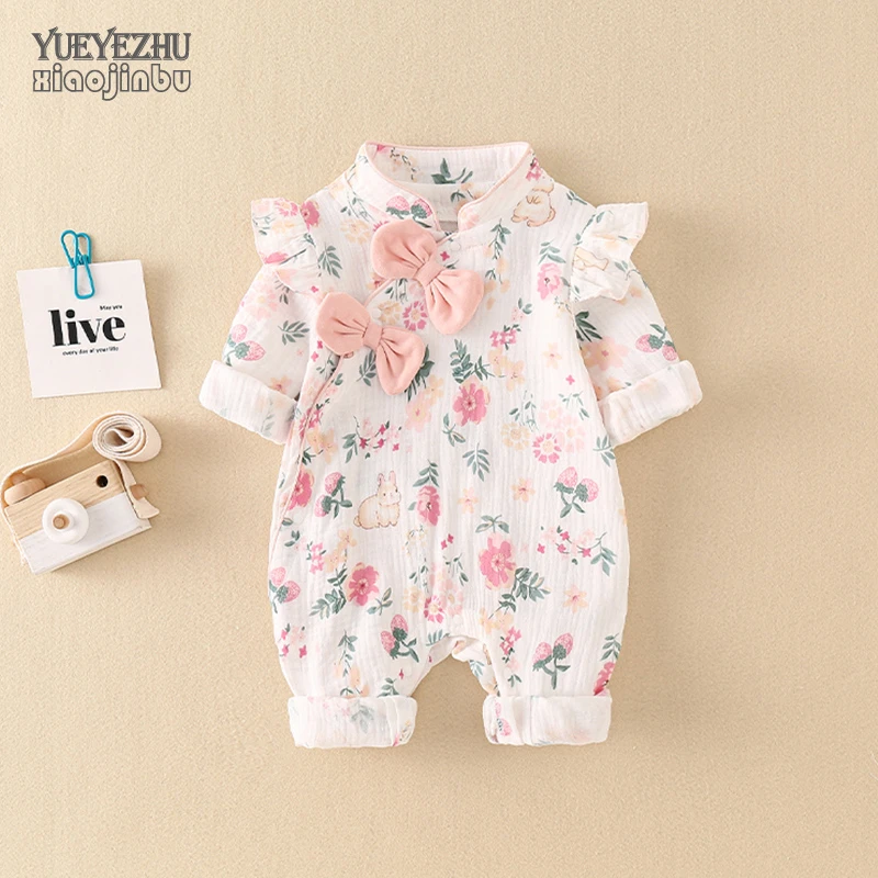 婴儿连体衣春秋长袖薄款纯棉女宝宝衣服春夏洋气碎花旗袍外出哈衣