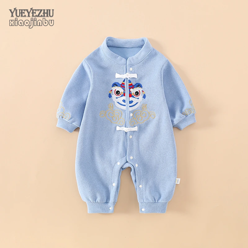 婴儿国风衣服春秋男宝宝秋装龙年连体衣满月百天新生儿长袖哈衣薄