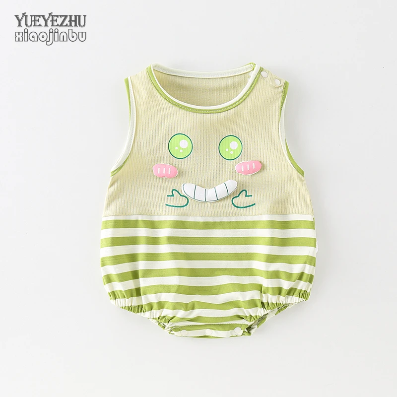 男宝宝包屁衣夏季无袖婴儿背心衣服夏装条纹卡通可爱哈衣爬服外出