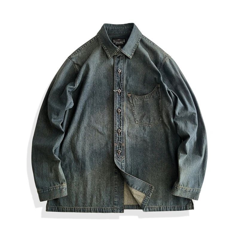 西里布S069美式复古元年全棉牛仔翻领衬衫男咔叽休闲拔染做旧水洗