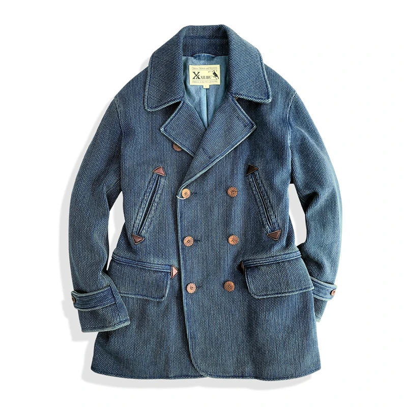 西里布C119复古蓝染剑道海军双排扣翻领西服大衣男外套秋冬中长款