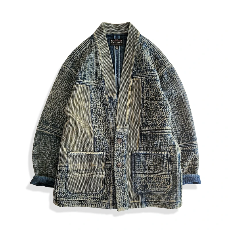 西里布C101蓝染刺子拼接道袍夹克开衫咔叽复古水洗拔染禅意男装