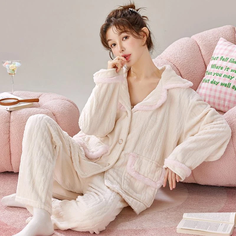 2025新款秋冬季珊瑚绒睡衣女士套装法兰绒加厚加绒秋天少女家居服