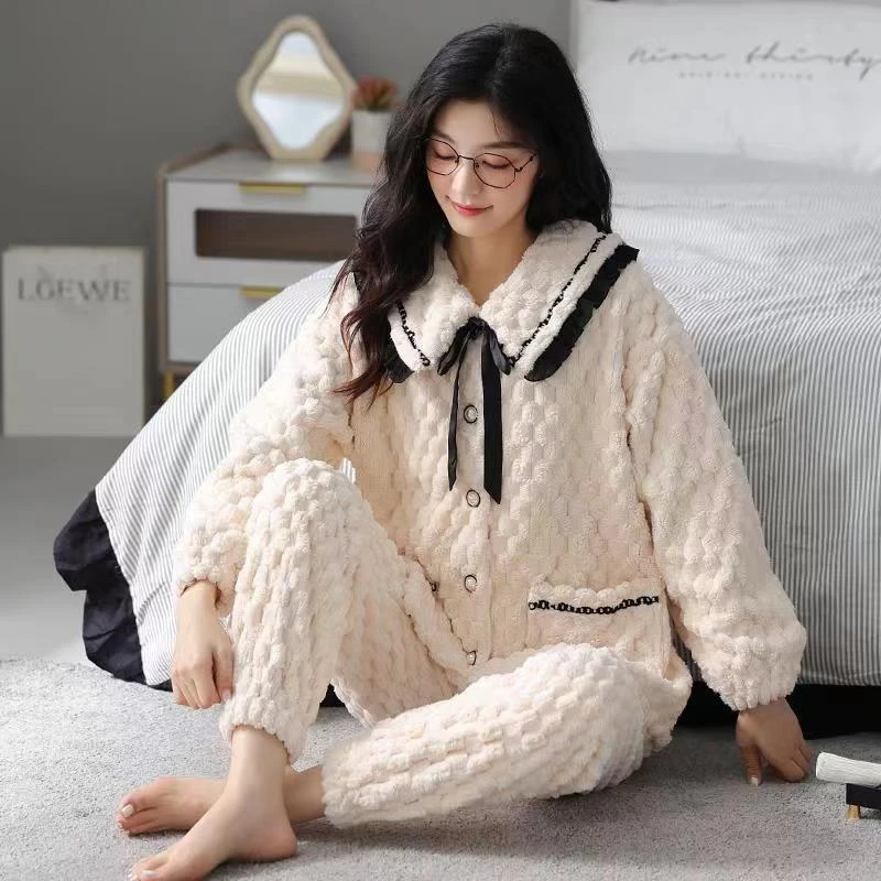 宽松套装甜美韩版秋冬季加绒睡衣毛绒家居服保暖