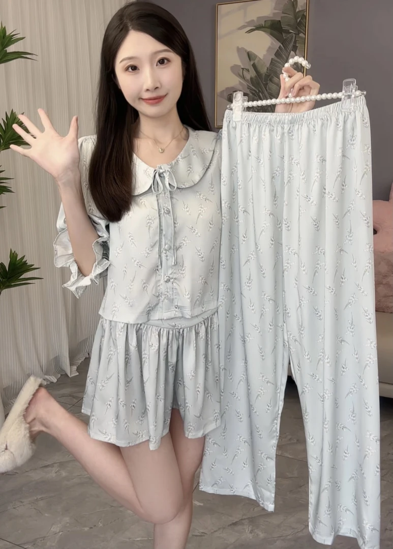 【清】2024新款睡衣女春秋季性感蕾丝短袖缎面丝家居服套装