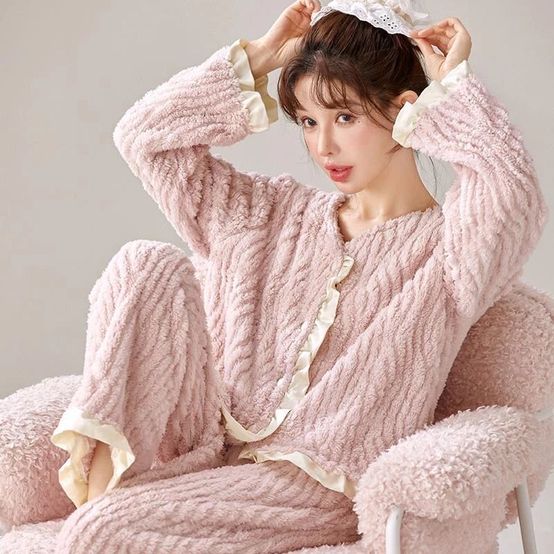 秋冬季珊瑚绒睡衣女士韩版可爱法兰绒加厚加绒开衫套装冬天家居服