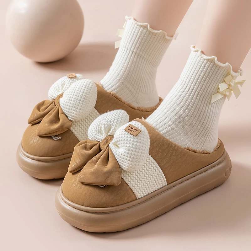 PU防水棉拖鞋女厚底包跟室内网红时尚情侣拖鞋男冬季加绒保暖外穿