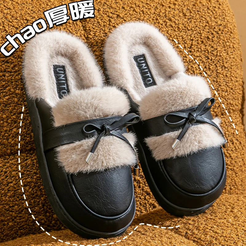 时尚潮流棉拖鞋女2024新款外穿韩版居家PU皮拖鞋冬季加绒保暖防滑