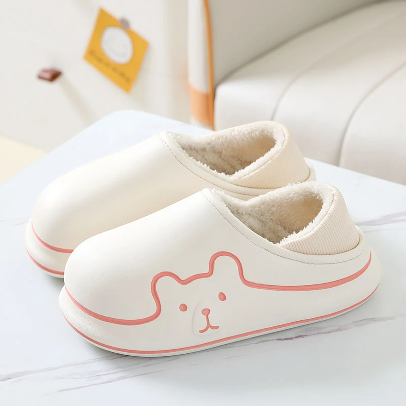 防水棉拖鞋女室内卡通可爱小熊厚底拖鞋男冬包跟软底情侣棉鞋外穿