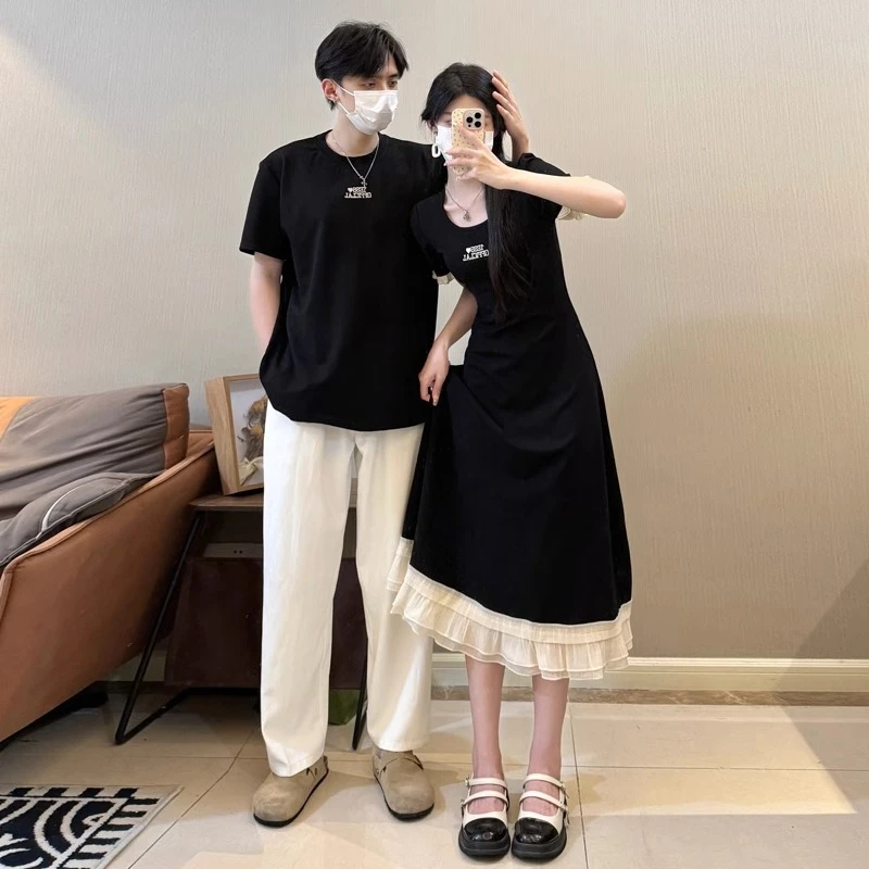 情侣装夏季美式短袖T恤收腰显瘦赫本长裙小众设计连衣裙一裙一衣