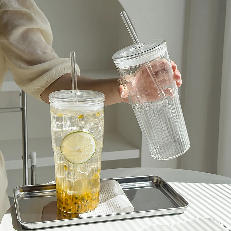 韵器锤纹吸管杯高硼硅耐热玻璃杯ins风奶茶杯果汁杯咖啡拿铁杯