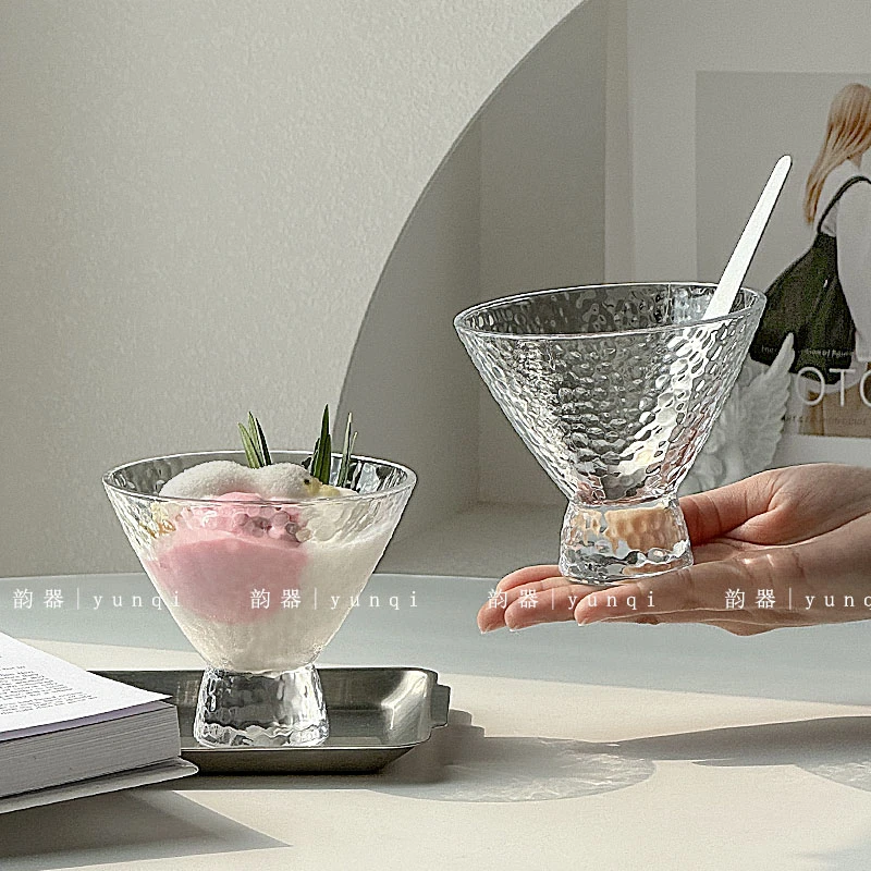 韵器 ins风雪糕杯玻璃杯斗笠锤纹杯家用冰淇淋杯甜品杯布丁果冻杯