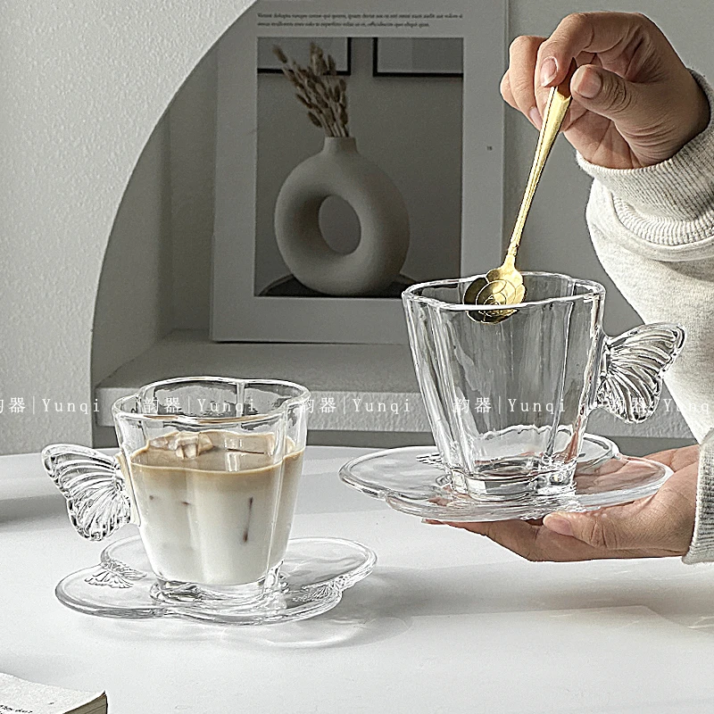 韵器ins风咖啡杯碟无铅玻璃咖啡杯拿铁杯天使咖啡杯碟花茶杯简约