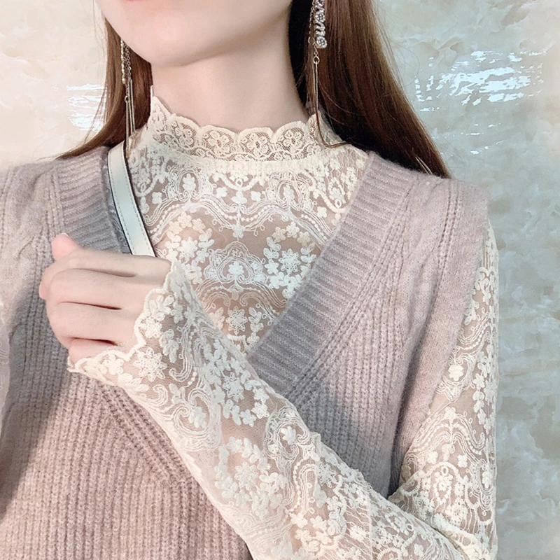 半高领蕾丝打底衫女2025年春秋款洋派漂亮内搭高级感网纱上衣小衫