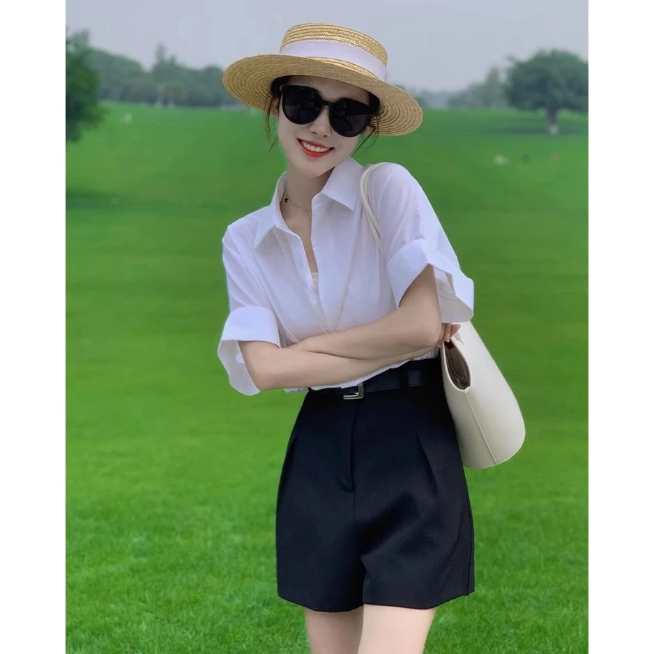 气质女神范高端小个子炸街减龄时尚小香风白色衬衫短裤休闲套装夏