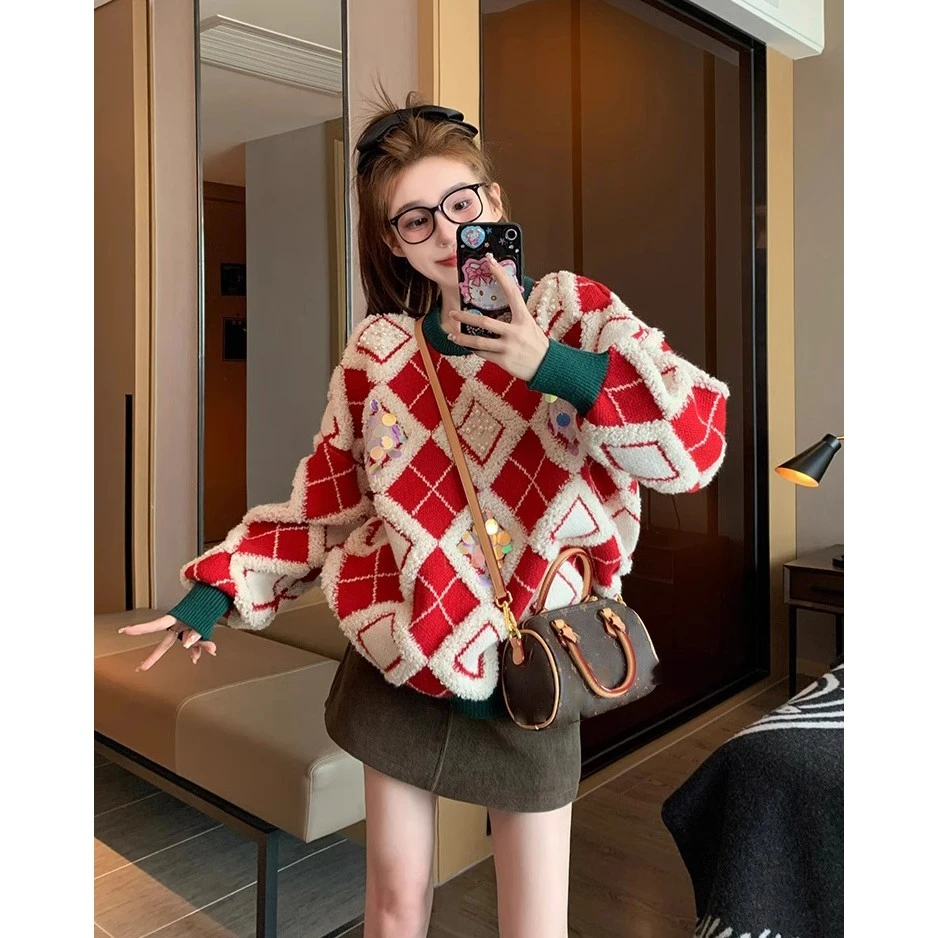 红色菱格亮片毛衣女2023新款秋冬季内搭慵懒风加厚打底圣诞针织衫