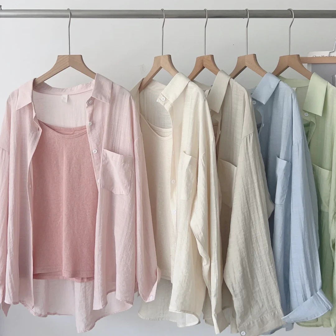 夏季防晒开衫纯色薄款长袖衬衫女早秋2025新款宽松慵懒风衬衣上衣