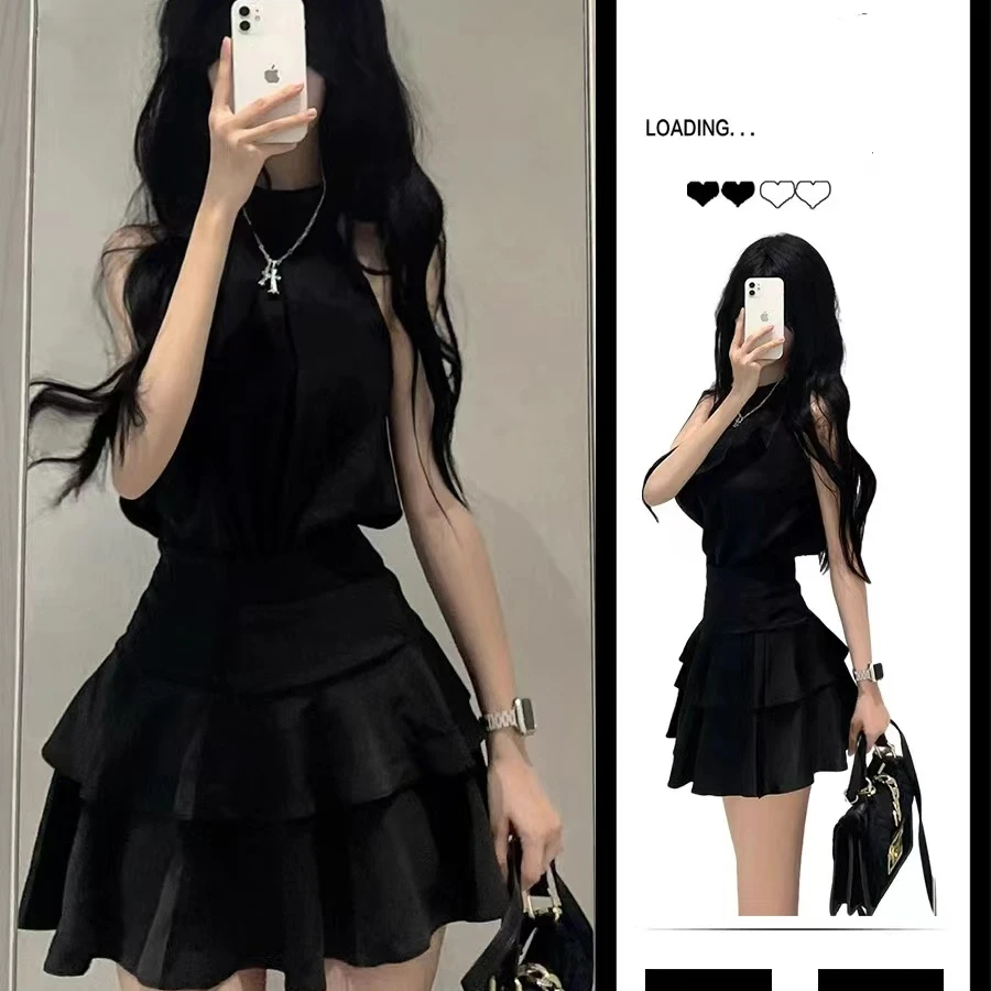 法式赫本小黑裙蛋糕连衣裙子女夏季收腰显瘦小个子挂脖公主蓬蓬裙