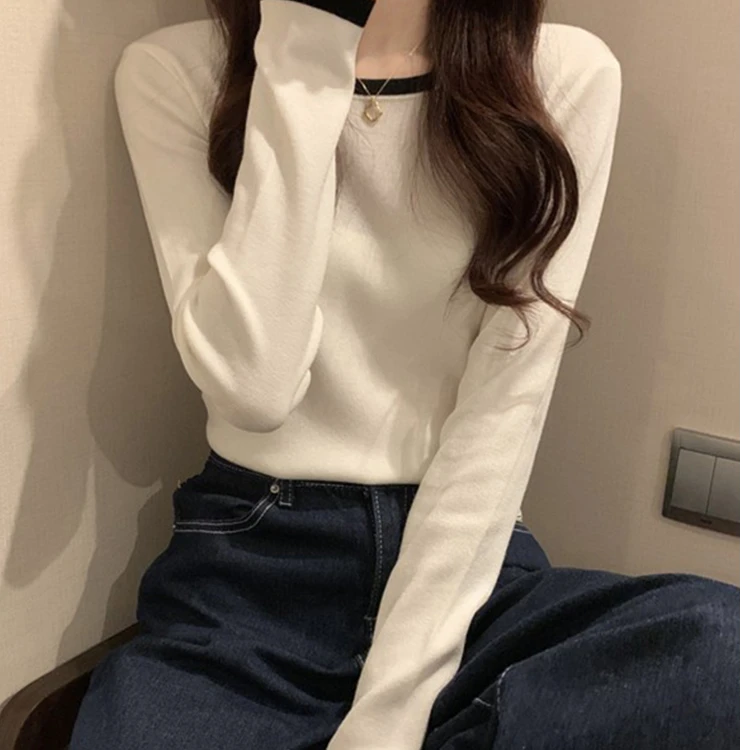 白色正肩T恤内搭打底衫2025女早秋新款韩系针织毛衣气质长袖上衣