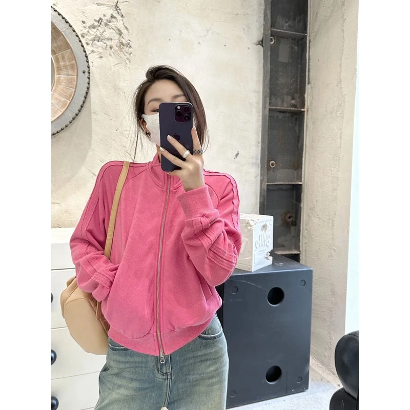 2025韩版美式复古粉色立领拉链卫衣外套女春秋秋冬短款棒球服开衫