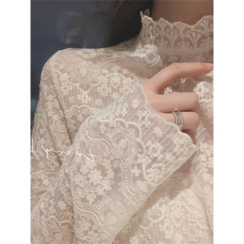 法式蕾丝打底衫女秋冬季小衫加绒镂空内搭漂亮洋气网纱别致小上衣