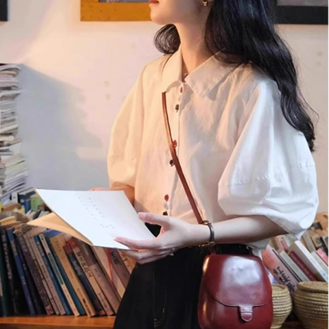 2025法式白色泡泡袖短袖衬衫女夏季宽松衬衣设计感小众小个子上衣