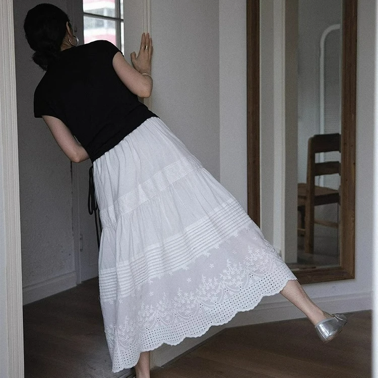 夏季重工打褶绣花白色春夏半身裙a字裙白色高腰小个子长裙伞裙女