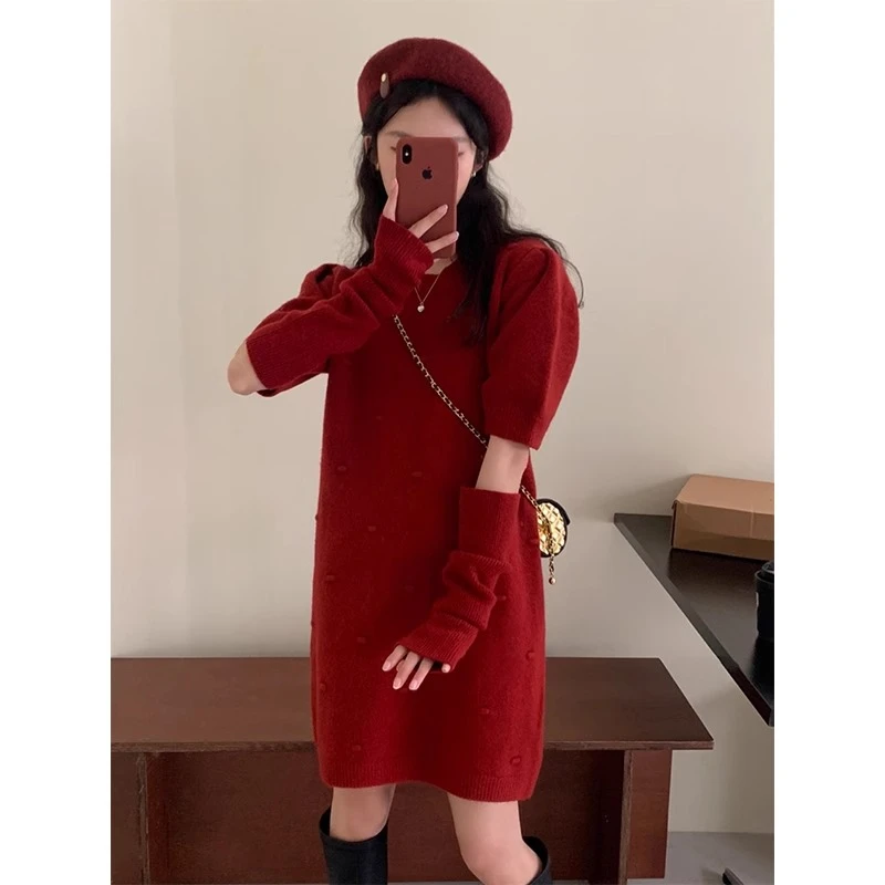 圣诞红色毛衣裙女秋冬款女装2025年新款小香风长袖针织袖套连衣裙