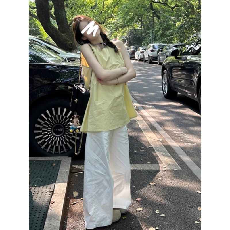 多巴胺黄色打褶无袖背心女夏季2025新款外穿宽松遮肉显瘦坎肩上衣