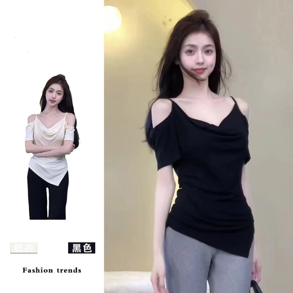 法式一字肩短袖上衣女2025新款设计感修身显瘦气质绝美甜辣妹上衣