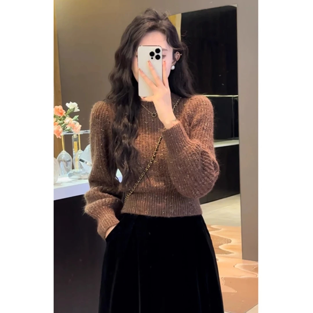 小香风粉色浣熊绒套头短款毛衣女秋冬内搭打底圆领针织衫修身上衣