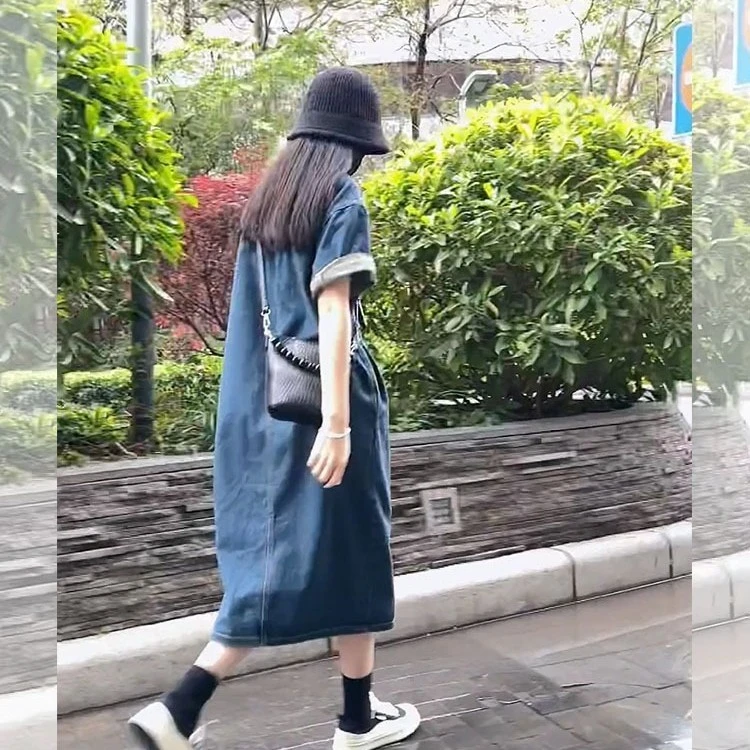 夏季女装小个子盐系轻熟港味复古chic法式蓝色牛仔polo领连衣裙子