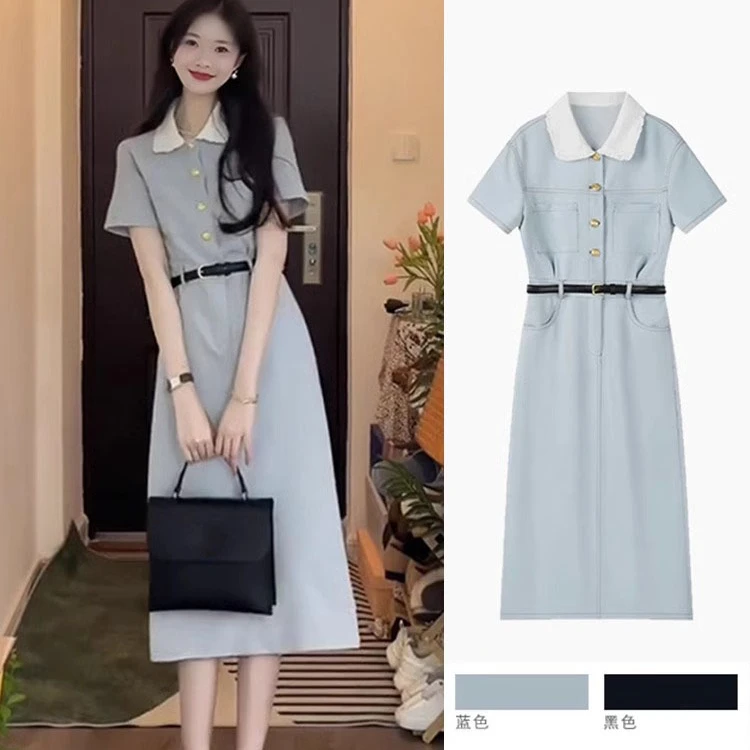 2025多巴胺穿搭夏天高级感夏季长裙小香风蓝色polo领收腰连衣裙女