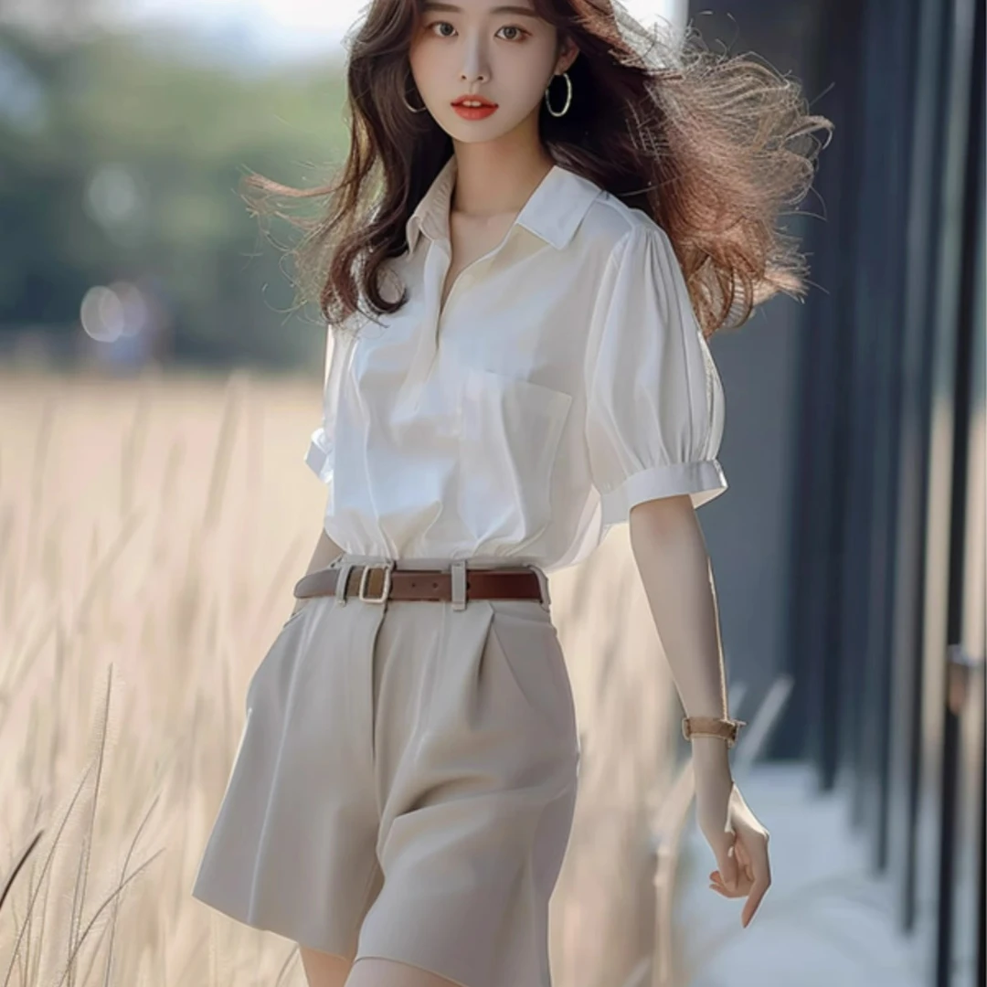 夏天茶系出游穿搭显瘦炸街减龄时尚女装时髦洋气短袖衬衫短裤套装