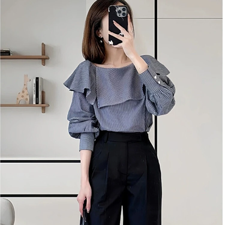 一字肩花边蓝色条纹衬衫女2025早秋新款显瘦收腰气质长袖小衫上衣