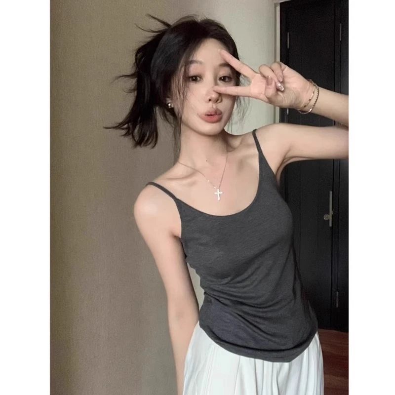 灰色吊带背心女2025新款夏季修身内搭打底衫辣妹露背时尚上衣外穿
