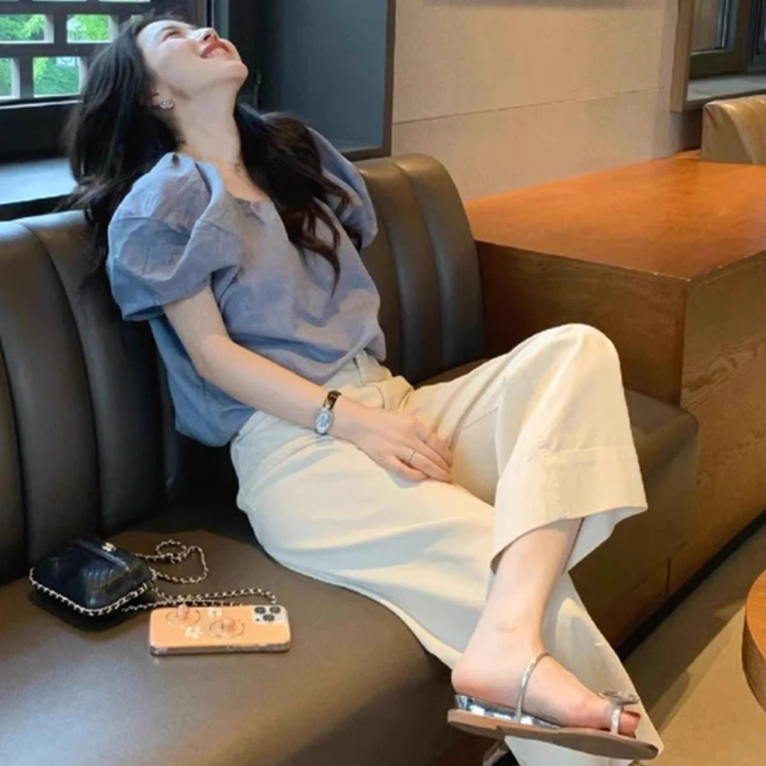 蓝色方领小众衬衫女夏季娃娃衫短款小个子温柔短袖泡泡袖上衣小衫