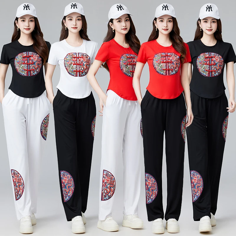 网红广场舞套装女新款T恤洋气运动裤红色鬼步舞蹈表演民族风服装