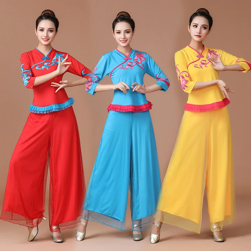 广场舞民族风爆款套装女装网纱演出服中长袖女成人中国风舞蹈服装