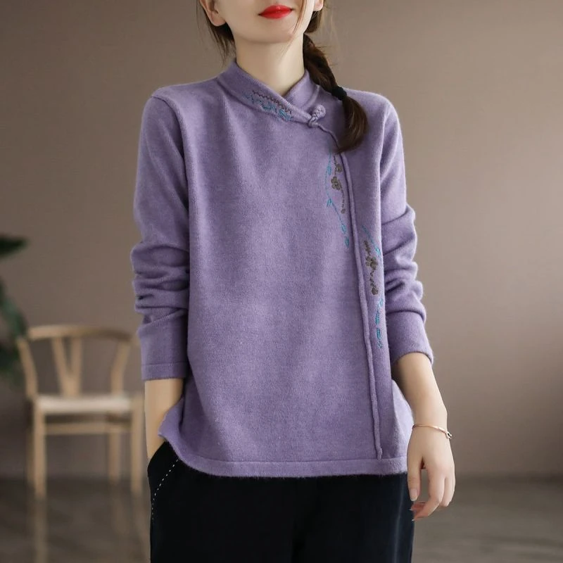 春秋宽松显瘦上衣打底衫唐装刺绣文艺复古民族风套头盘扣长袖T恤