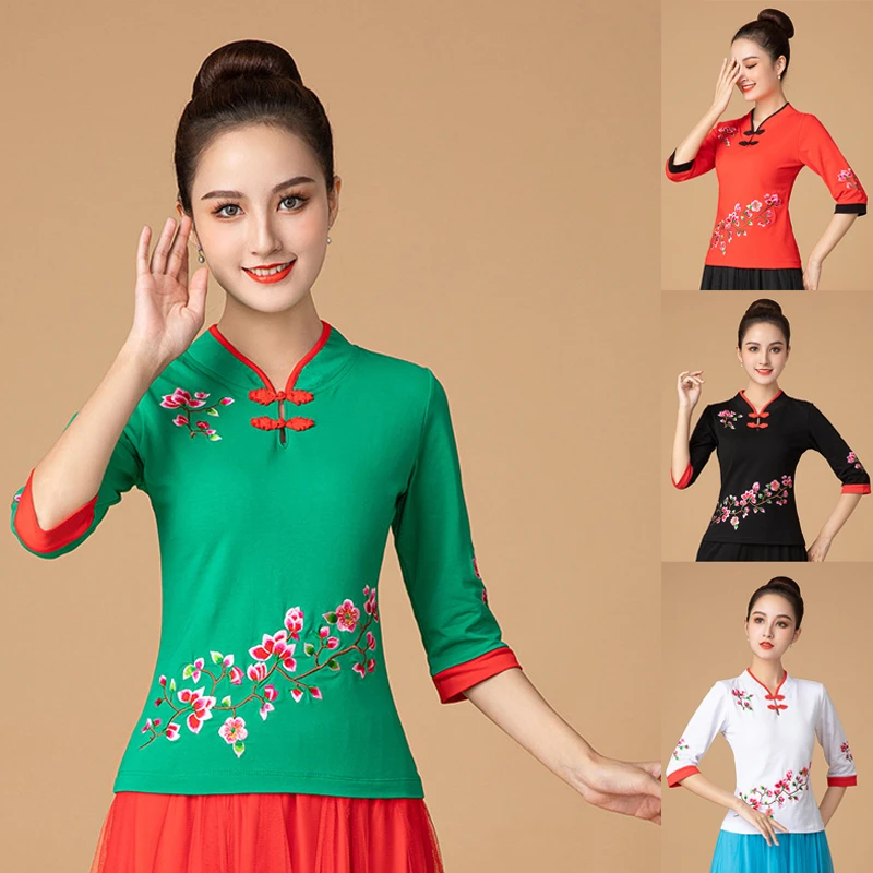 广场舞服装刺绣中袖T恤民族风绣花唐装春秋立领盘扣中老年跳舞服