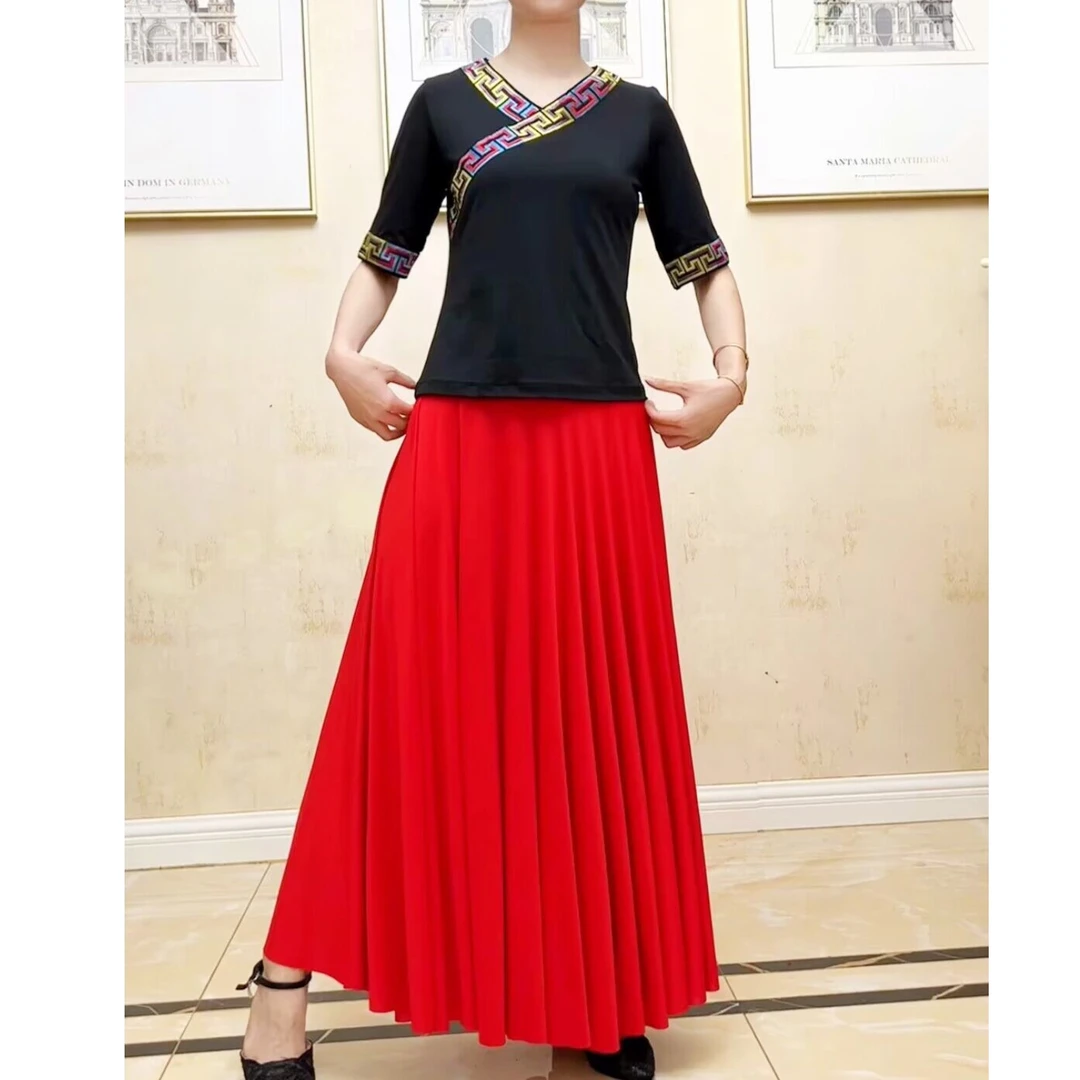 藏族舞广场舞服装民族舞蹈服装短袖上衣裙子套装演出服跳舞衣服
