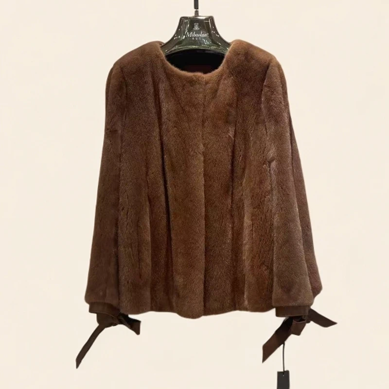 【锦联皮草】设计师款圆领简约女士水貂毛皮草外套