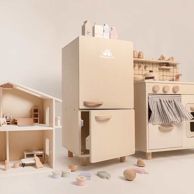 儿童节木制过家家仿真玩具奶油原木冰箱 云兔卯卯
