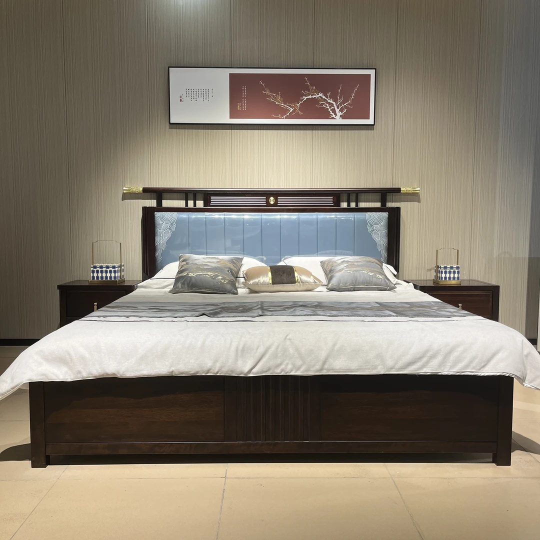 新中式古典乌金木实木家具别墅简约主卧室大床轻奢实木床储物大床