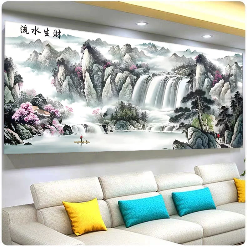 流水生财锦绣山河十字绣线绣2023客厅山水画刺绣