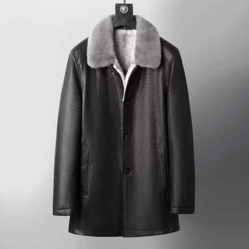 22-609男士高端鹿皮中长款加厚十字貂内胆商务纽扣外套
