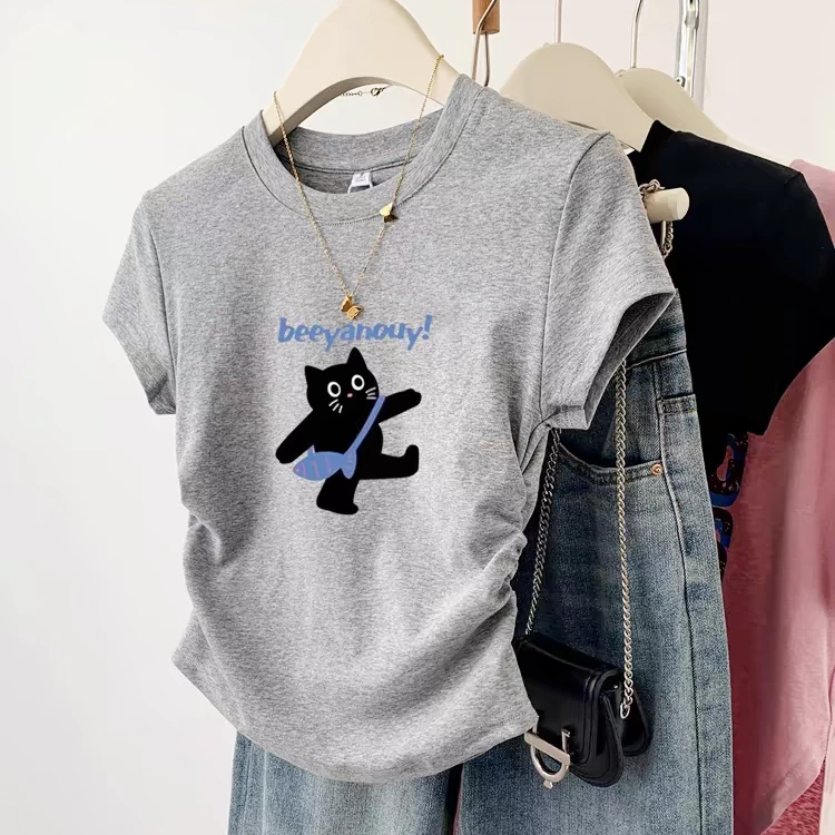 夏季洋气时尚女印花百搭休闲拼接短袖修身韩系圆领上衣森灿01款