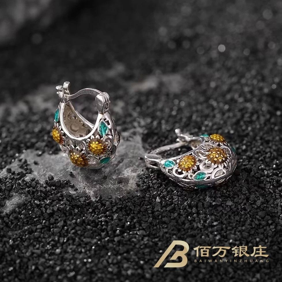 925银耳饰 【佰万银庄】纯银925 珐琅彩太阳花向日葵耳坠烧蓝彩色
